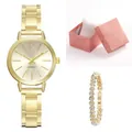 Damen Quarzuhr und Herz-Tennisarmband Set in einer rosa strukturierten Geschenkbox - Uhr Armband Und Pinke Box / Gold