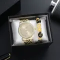 Men gold quartz watch set with luminous rhinestone dial and gold dragon bracelet in gift box - Gold (Watch And Pi Xiu Bracelet And Packaging)