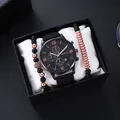Zakelijke heren horloge cadeau set met zwart wijzerplaat en stijlvolle kralen armbanden - Zwarte Kast Roségouden Wijzerplaat Met Armband En Doos