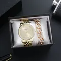 Golden men's quartz watch and rhinestone Cuban bracelet set in a premium gift box - Gold (Watch And Chain Bracelet And Packaging)