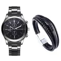 Dettaglio orologio da uomo in acciaio argento con quadrante nero e set bracciali in pelle - Quadrante Nero Bracciale Fibbia Argento