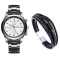 Orologio business da uomo in acciaio con quadrante bianco e set bracciale in pelle - Quadrante Bianco Bracciale Fibbia Argento