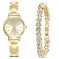 Detailed close-up of gold quartz watch with a matching heart-shaped crystal bracelet set - Watch And Bracelet / Gold