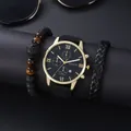 Detailweergave van de zwart-gouden herenhorloge set met kralen en leren armbanden - Gouden Kast Gouden Wijzerplaat Met Armband