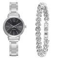 Detail view of silver steel watch with black dial and heart-shaped rhinestone bracelet - Watch And Bracelet / Silver Black