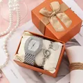 Detailed luxury watch set with iced-out square dial and matching heart charm bracelet - Silver Bracelet Gift Box Style