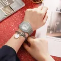 Luxury silver square diamond watch set with matching heart pendant bracelet for women - Silver Bracelet Style / Silver