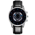 Business style men's quartz watch with silver alloy case and black leather strap - Black Strap Silver Case Black Dial Blue Text
