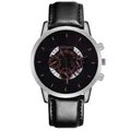 Detail view of the black leather strap and silver polished case of this men's watch - Black Strap Silver Case Black Dial Rose Text