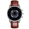 Close-up of Geneva watch with brown leather strap, blue markers, and decorative subdials - Brown Strap Silver Case Black Dial Blue Text