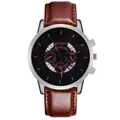 Macro detail of men's business watch with black dial, silver case and brown leather strap - Brown Strap Silver Case Black Dial Rose Text