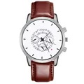 Detail of silver business watch with white dial, decorative subdials and brown leather strap - Brown Strap Silver Case White Dial Black Text