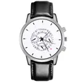 Detail view of the silver-tone casing and black leather strap of this Geneva men's watch - Black Strap Silver Case White Dial Black Text