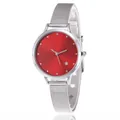 Women's minimalist watch with red geometric dial and silver stainless steel mesh strap - Red