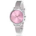 Detailed macro view of feminine silver mesh watch band and soft pink textured dial - Pink
