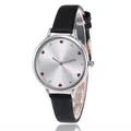 Women's quartz watch with black leather strap and silver dial featuring red heart hour markers - Black