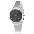 Detail of silver mesh band watch with dark grey geometric textured dial and star accent - Black