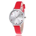 Women fashion quartz watch with red leather strap and heart diamond silver dial - Red