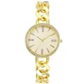 Montre femme dorée avec lunette en strass et bracelet gourmette sur fond blanc - Montre