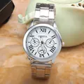 Silver Geneva quartz watch with classic white Roman numeral dial and metallic strap - Silver White Dial