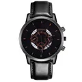 Detail of Geneva quartz watch with black textured leather strap and dark metal case - Black Strap Black Case Black Dial Rose Text