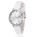 Detail of white leather watch strap with heart-shaped crystal markers on the dial - White