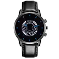 Detail of Geneva black leather watch with blue indices and triple-subdial display - Black Strap Black Case Black Dial Blue Text