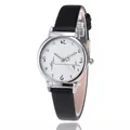 Minimalist quartz watch for women with silver case, white dial, and black leather strap - Black