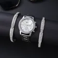 Zilveren kwartshorloge en strass armband set met diamanten bezel en Geneva wijzerplaat - Zilver + Armband