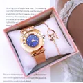 Rose gold women's watch and heart bracelet set with rhinestones in a pink gift box - Watch Bracelet And Box / Blue