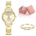 Elegant gold quartz watch set with slim metallic band and crystal bracelet in gift box - Gold Watch and Bracelet Gift Box Set
