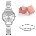Women's minimalist silver quartz watch with geometric diamond bracelet in a gift box - Silver Case White Dial And Bracelet And Box