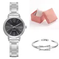 Detailed view of silver steel quartz watch and rhinestone bracelet in a pink gift box - Silver Case Black Dial And Bracelet And Box