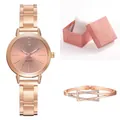 Women's rose gold quartz watch and geometric crystal bracelet set in a pink gift box - Rose Gold Watch and Bracelet Gift Box Set