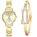 Elegant gold quartz watch with slim metal strap and matching geometric bracelet set - Gold Watch and Bracelet Set