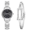 Women's minimalist silver quartz watch with grey sunray dial and rhinestone bangle set - Silver Case Black Dial And Bracelet