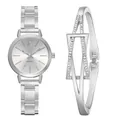 Close-up of polished silver quartz watch and matching geometric star bracelet set - Silver Case White Dial And Bracelet