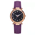 Montre quartz élégante cadran étoilé violet, bracelet cuir dépoli et boîtier doré rose - Violet