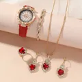 Luxury red and rose gold women's watch set with heart-shaped jewelry and floral dial - Watch Necklace Earrings Ring Bracelet Set