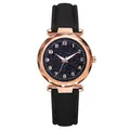 Montre élégante pour femme avec cadran étoilé, boîtier or rose et bracelet en cuir noir - Noir