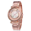 Elegant rose gold fashion watch with rolling rhinestones and silver brushed dial - White