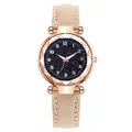 Women's starry sky quartz watch with beige leather strap and rose gold numeral case - White