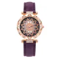Elegant roségouden dameshorloge met paarse band en met diamanten bezette bloemen wijzerplaat - Paars