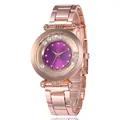Women's rose gold alloy watch with purple sunray dial and sparkling crystal hour markers - Purple
