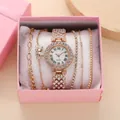 Orologio al quarzo dorato di lusso da donna con strass e set di 4 braccialetti - Orologio + Bracciale + Scatola Regalo