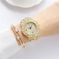 Luxury gold quartz watch and bracelet set with sparkling rhinestones for elegant women - Gold Watch and Bracelet Set