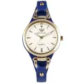 Detail of RINNADY quartz watch featuring a gold case with blue leather strap and stud accents - Blue