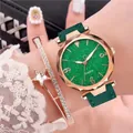 Close-up of women's quartz watch with green glitter dial and matching star bracelet - Green Watch + Bracelets