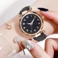 Women's starry sky watch set with leather strap and heart bracelet in rose gold - Watch And Bracelet / Black
