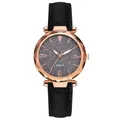 Women's quartz watch with star sky dial, faceted glass, and black leather strap - Black